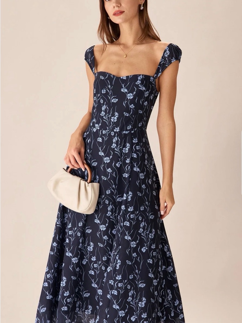 RIHOAS Navy Blue Floral Square-Neck Midi Dress with Light Blue Print